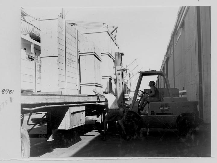Loading crated Klimsch camera components, Mercantile Wharf, Bulimba, Brisbane, April 1970