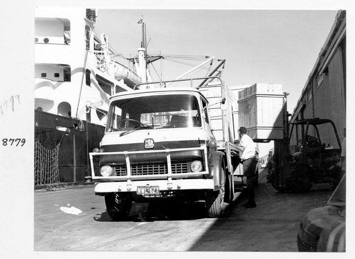 Loading crated Klimsch camera components, Mercantile Wharf, Bulimba, Brisbane, April 1970