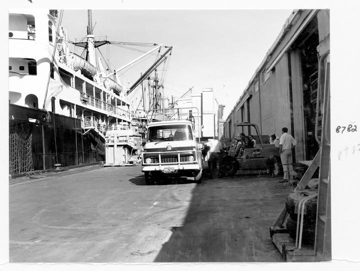 Loading crated Klimsch camera components, Mercantile Wharf, Bulimba, Brisbane, April 1970