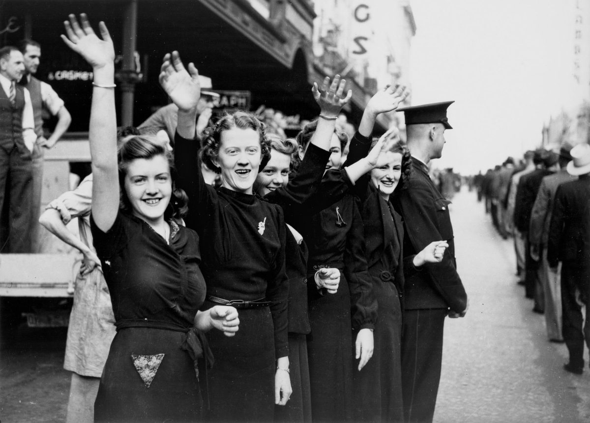 Group of shop assistants watching the RAAF parade in Queen Street Brisbane, August 1940