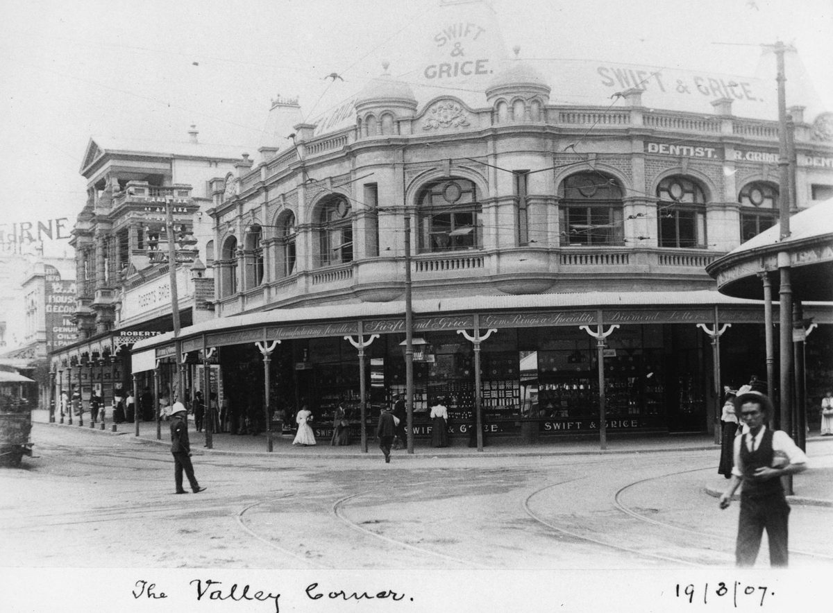 Swift and Grice's Jewellery Store on the corner of Wickham and Brunswick Streets, Fortitude Valley, 1907