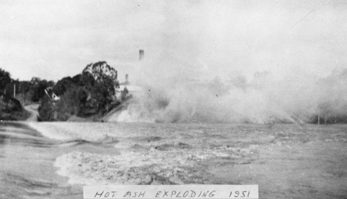 Hot ash exploding at Mount Crosby pumping station, Brisbane area, 1951