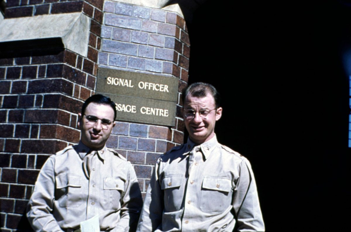 American Lieutenant Mark Muller with signal officer Lieutenant Bob Firclock? outside Somerville House in Brisbane, 1942
