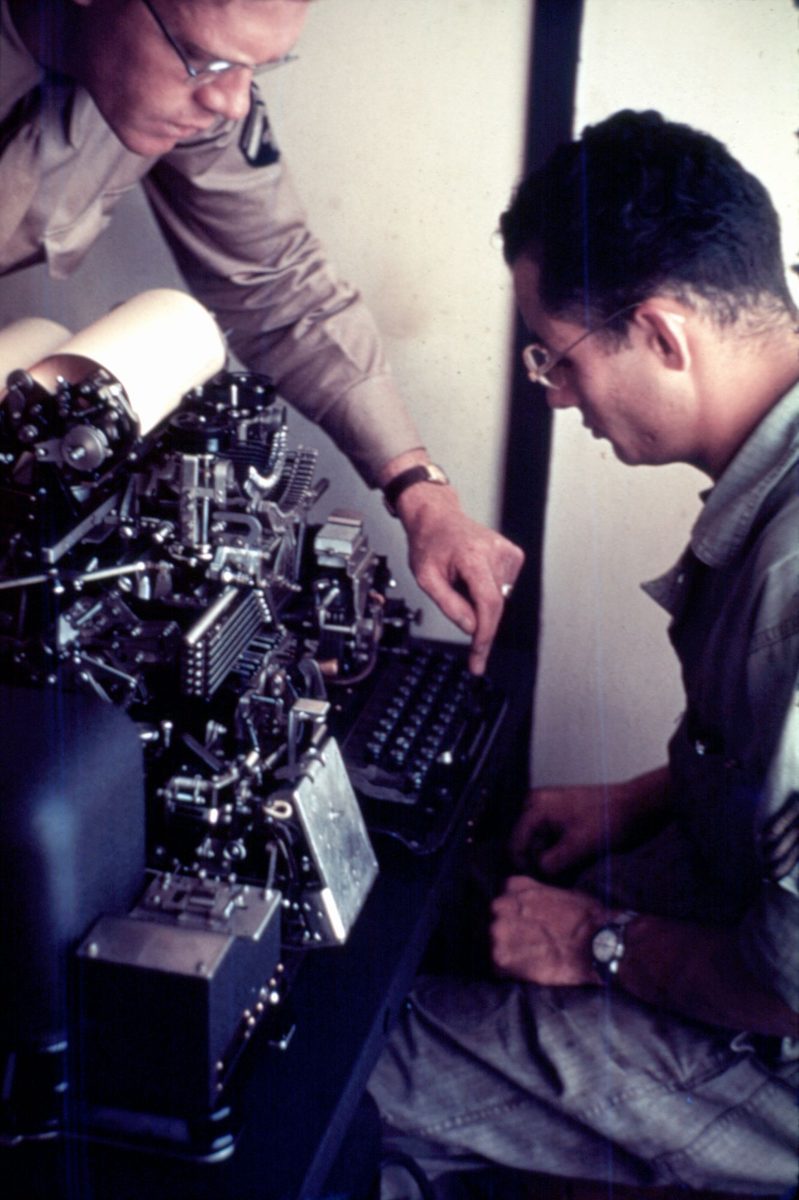Teletype machine instruction at Somerville House Signal Office in Brisbane, 1942