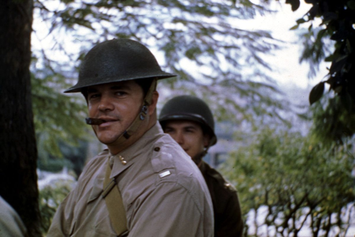 Two U.S. army officers participating in an air-raid drill at Somerville House, Brisbane, 1942