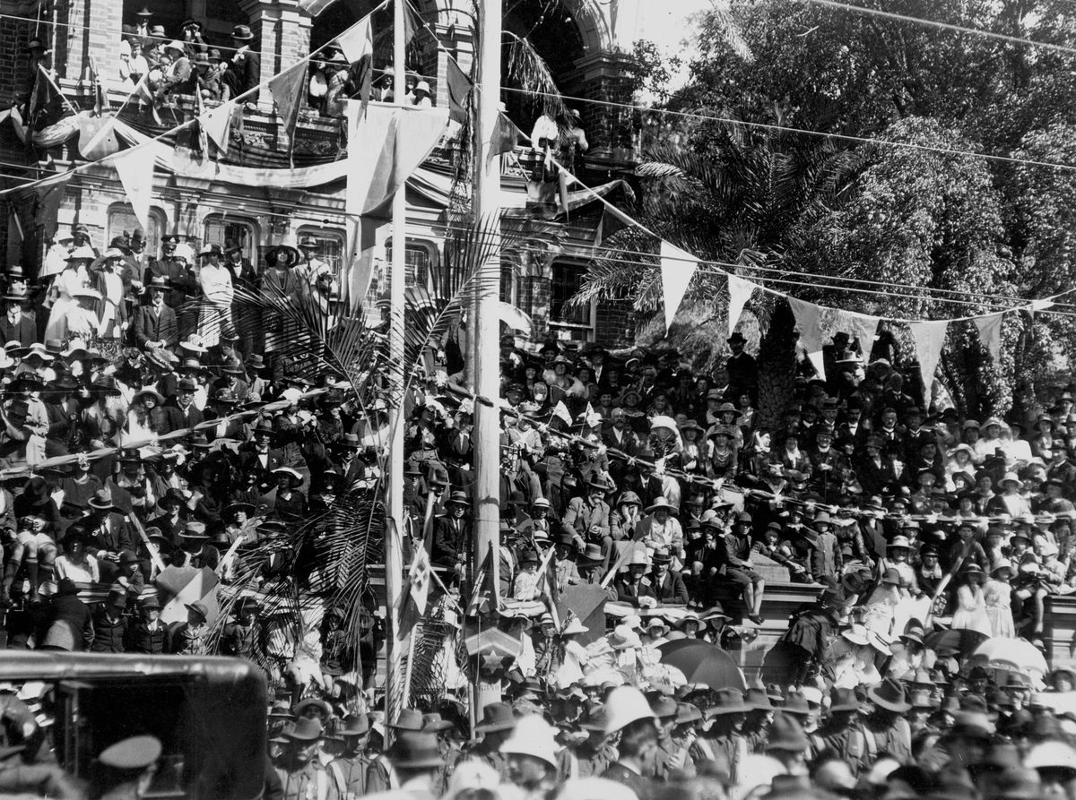 South Brisbane Town Hall, decorated for the visit of the Prince of Wales in July 1920