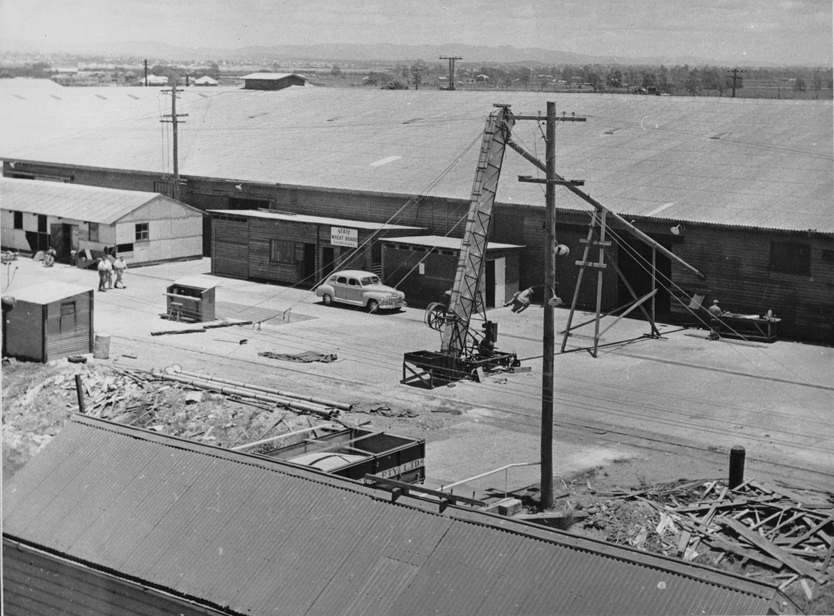 Storage sheds on the wharf at Pinkenba, Brisbane, 1953