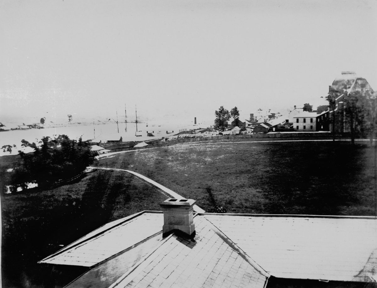 Looking west from the roof of Government House towards the new Parliament House, Brisbane, 1869