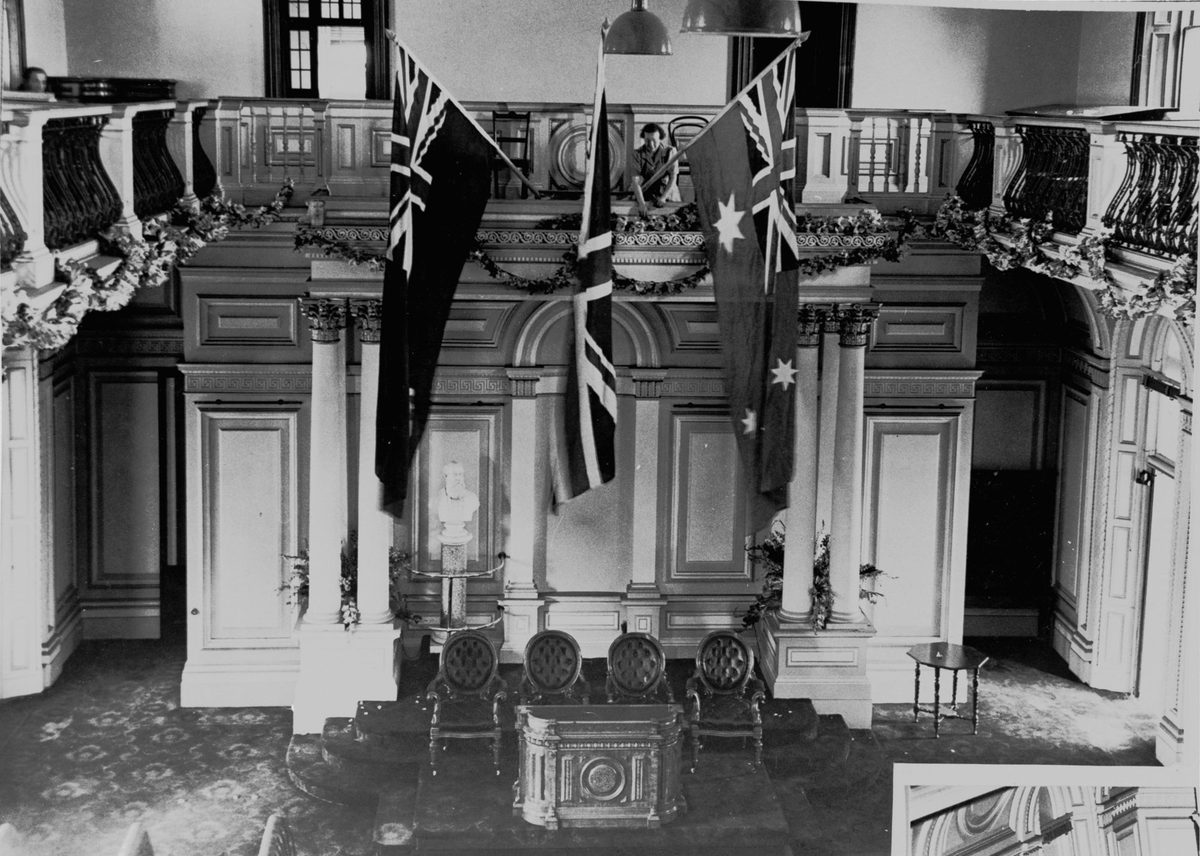 Decorating the Legislative Council Chamber in preparation for governor's swearing in, Parliament House, Brisbane, 1946