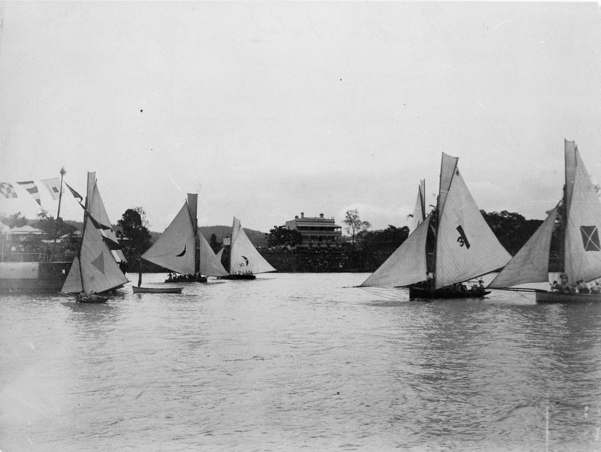 Yachts in the Toowong Reach of the Brisbane River in front of the Regatta Hotel, 1897