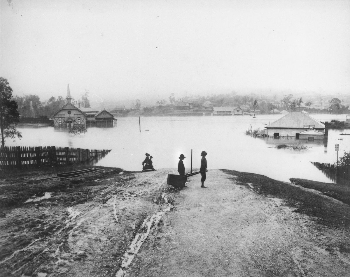 Milton Congregational Church and Milton Primary School under flood, 1890.
