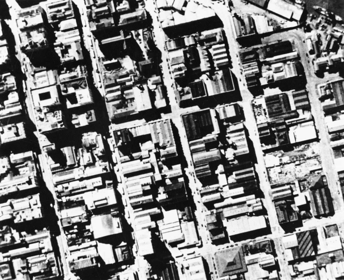 Aerial view of bomb shelters situated on Elizabeth Street, Brisbane, 1942