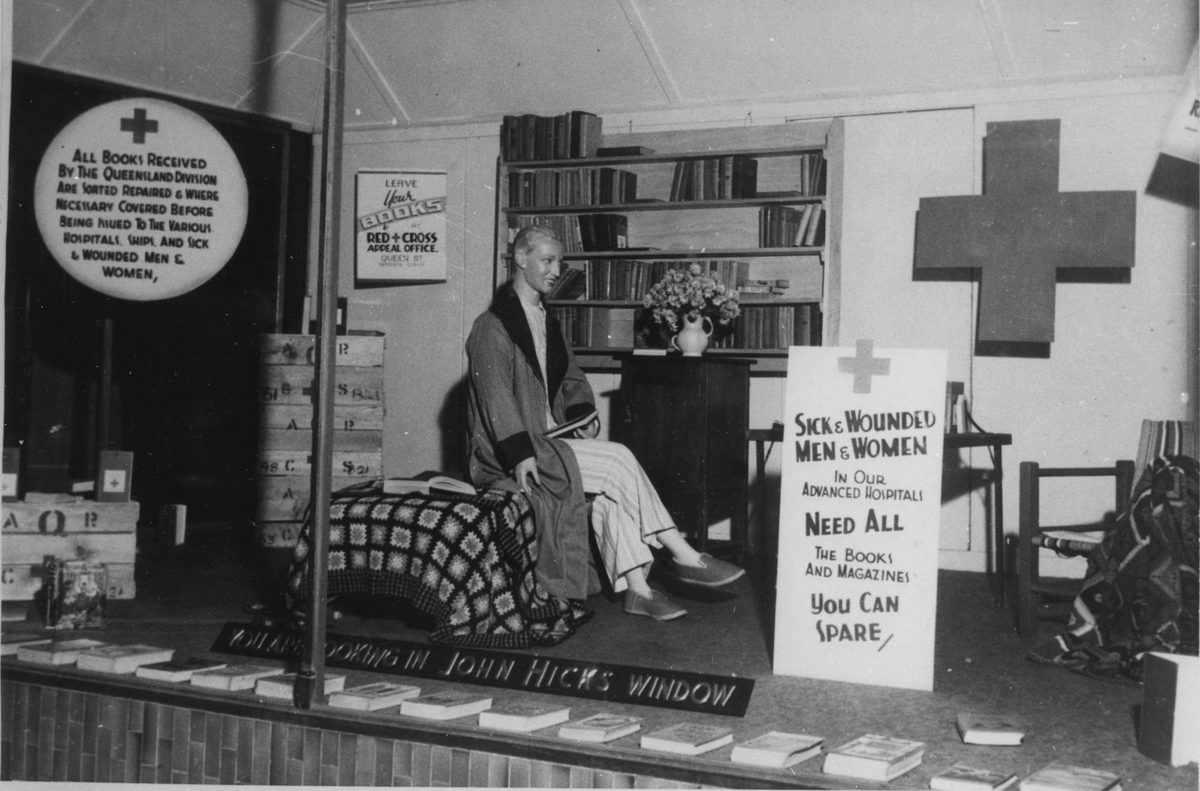 Window display to promote Red Cross Week at the John Hicks Book Depot, Brisbane, 1944