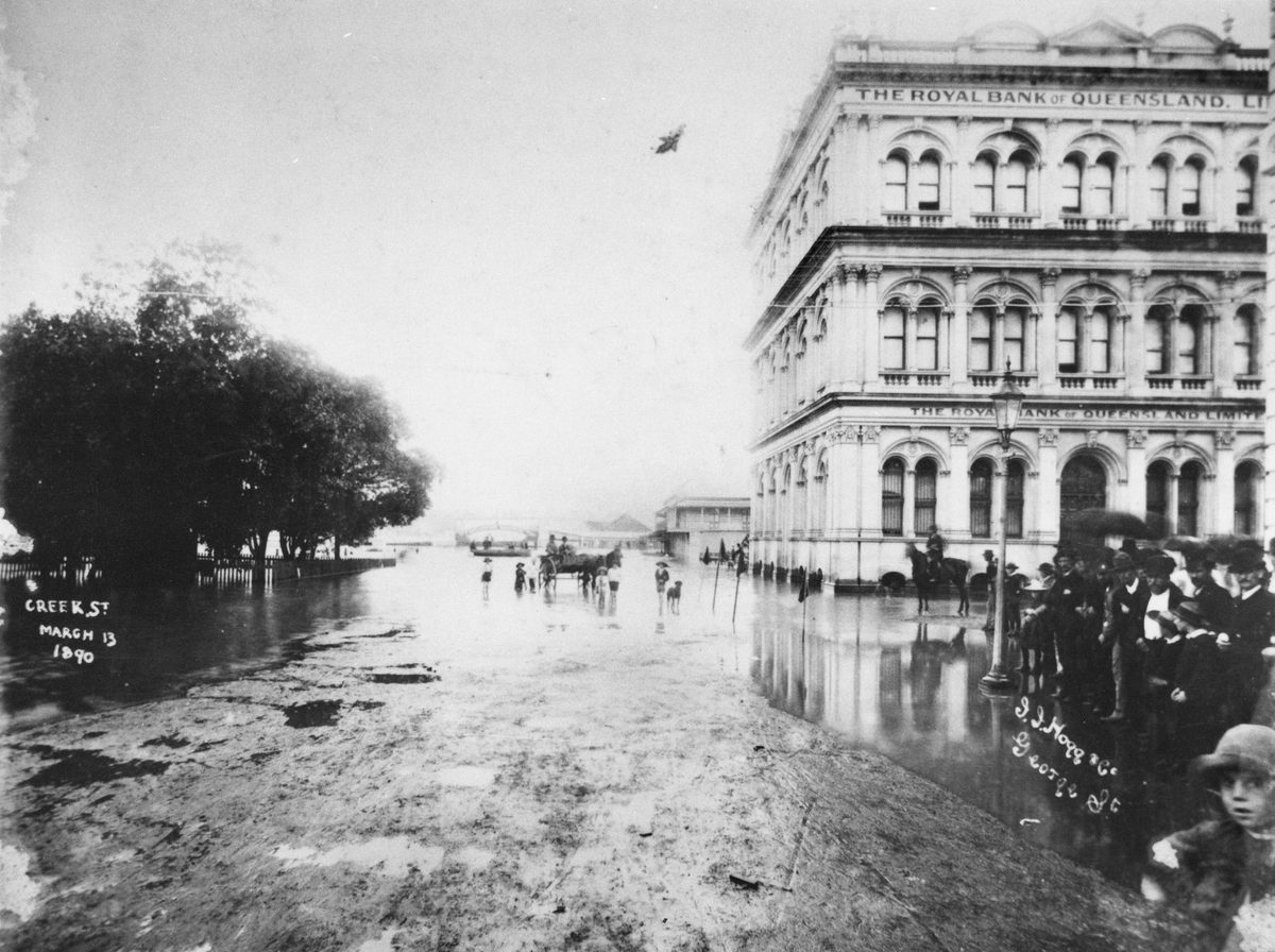 Royal Bank of Queensland on the corner of Creek and Elizabeth Streets Brisbane during the 1890 flood