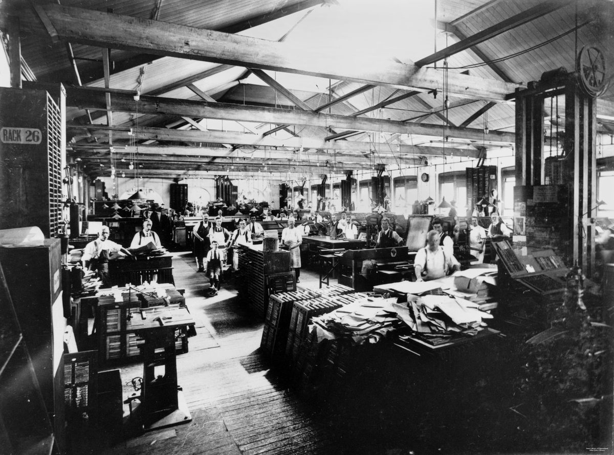 Composing department at the Government Printing Office, Brisbane, 1921