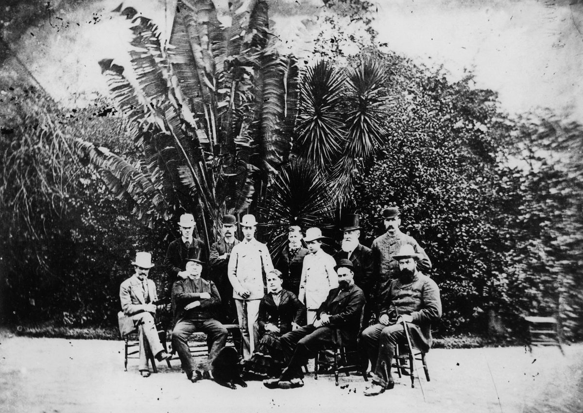 Prince Albert and Prince George of Wales with Sir Arthur Kennedy and guests under the Traveller's Tree at Government House, 1881