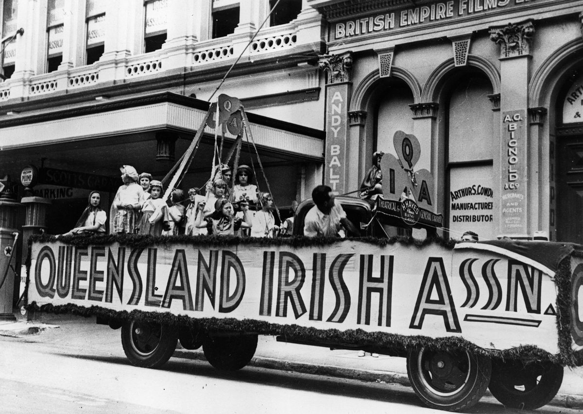 Queensland Irish Association float taking part in the St. Patrick's Day parade, Brisbane, 1937