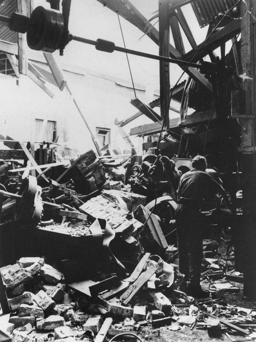Extensive damage to Wilson's workshop, Brisbane, 1954