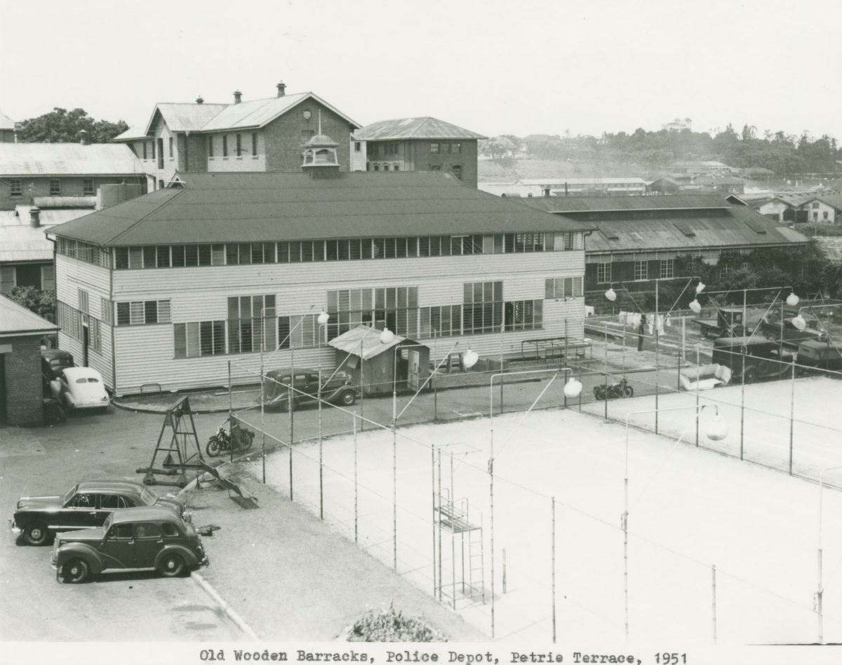Old wooden barracks at the police depot on Petrie Terrace in Brisbane, 1951