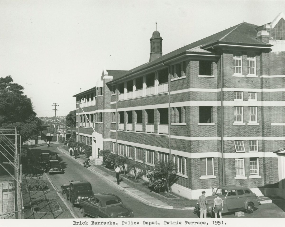 View of the brick barracks at the police depot on Petrie Terrace in Brisbane, 1951