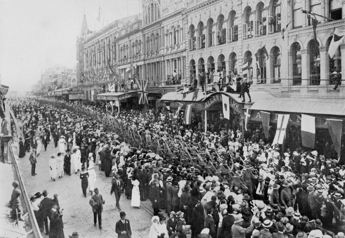 Military parade of the 1st Contingent, marching in Queen Street, Brisbane, 1914