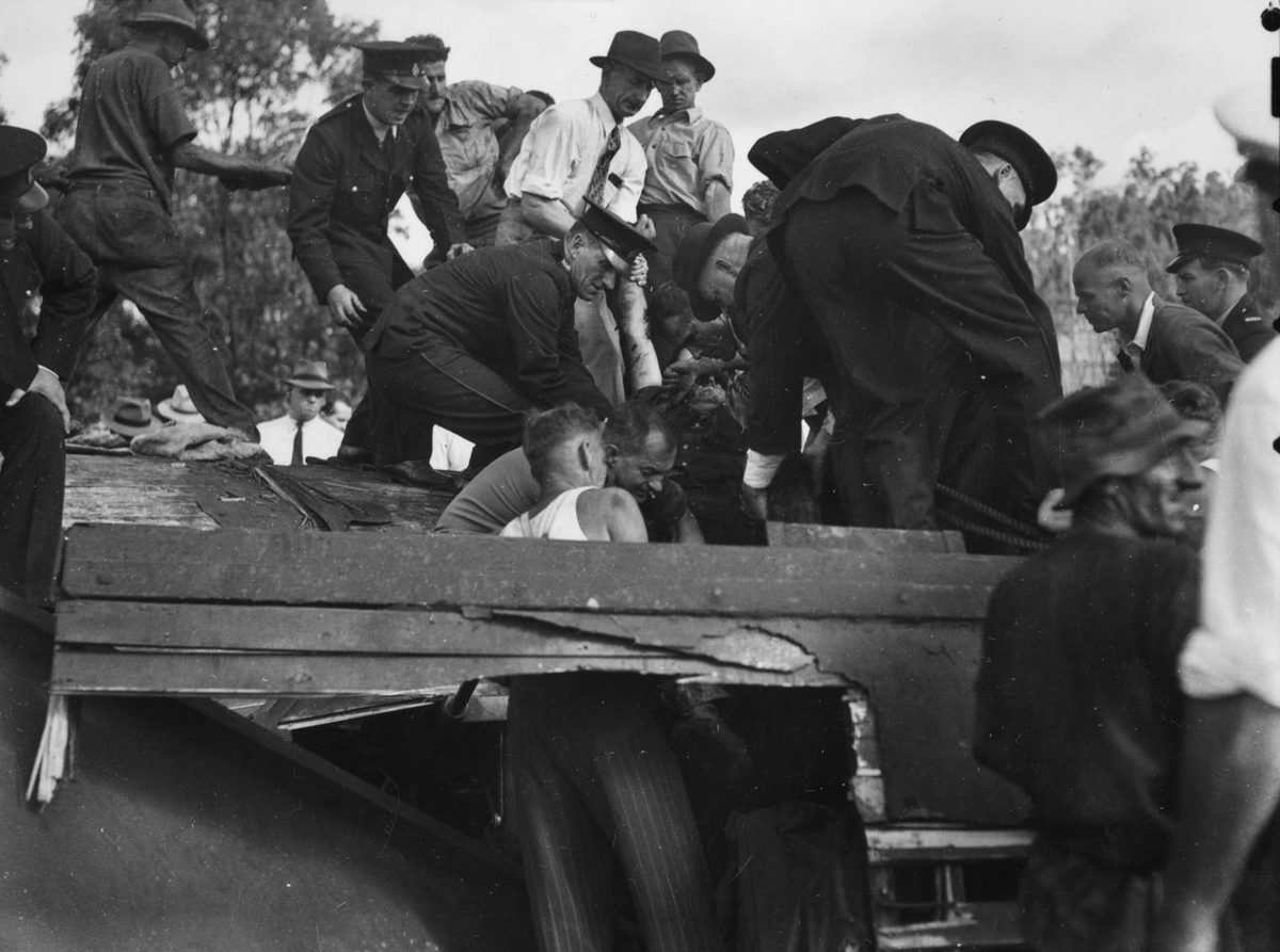 Rescue workers at the Camp Mountain railway crash site, 1947