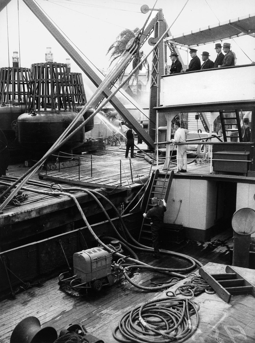 First test of Brisbane's river fire fighting service, Gardens Reach, Brisbane River, October 1942
