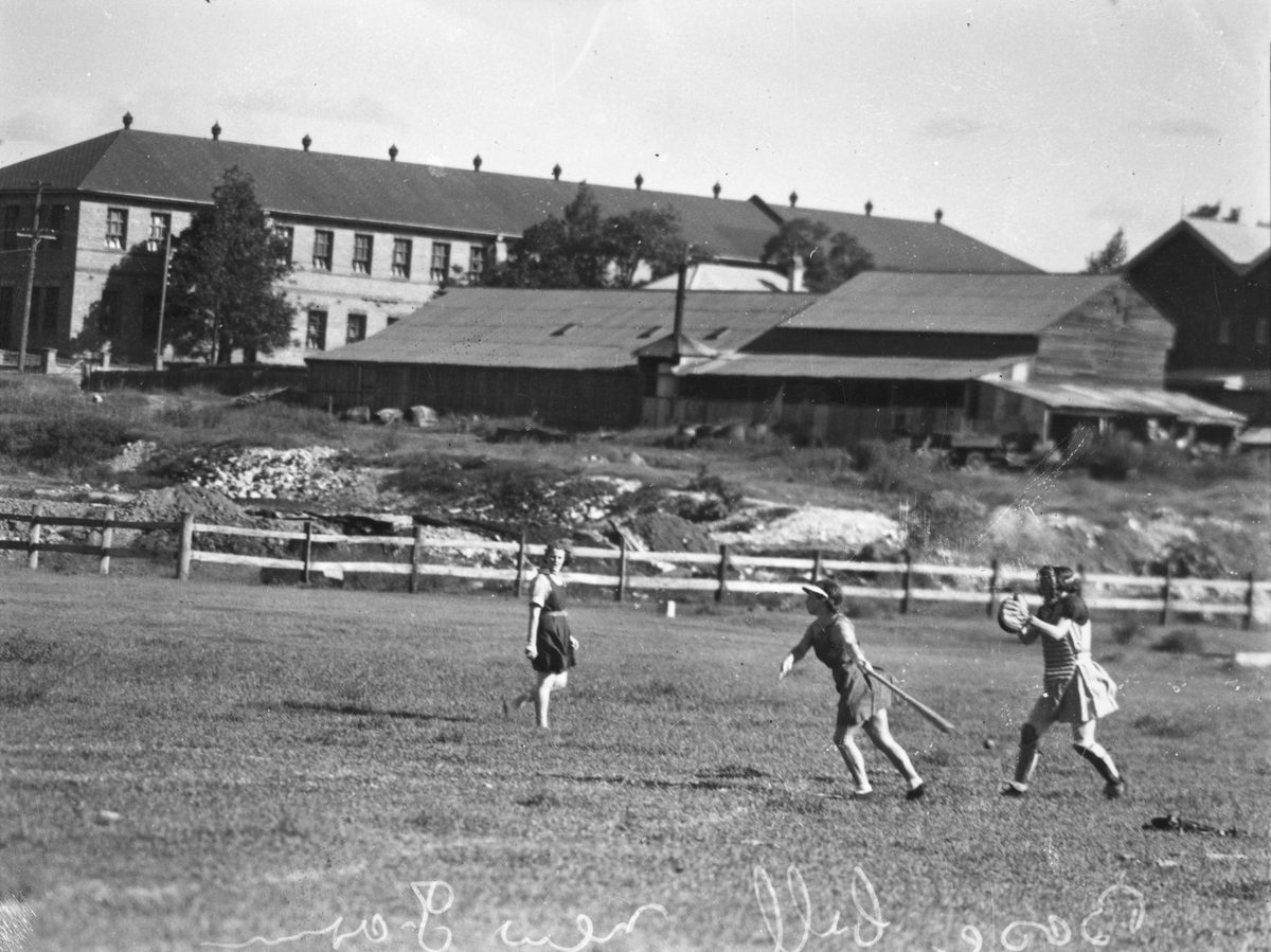Female baseball players in the field, Brisbane, 1938