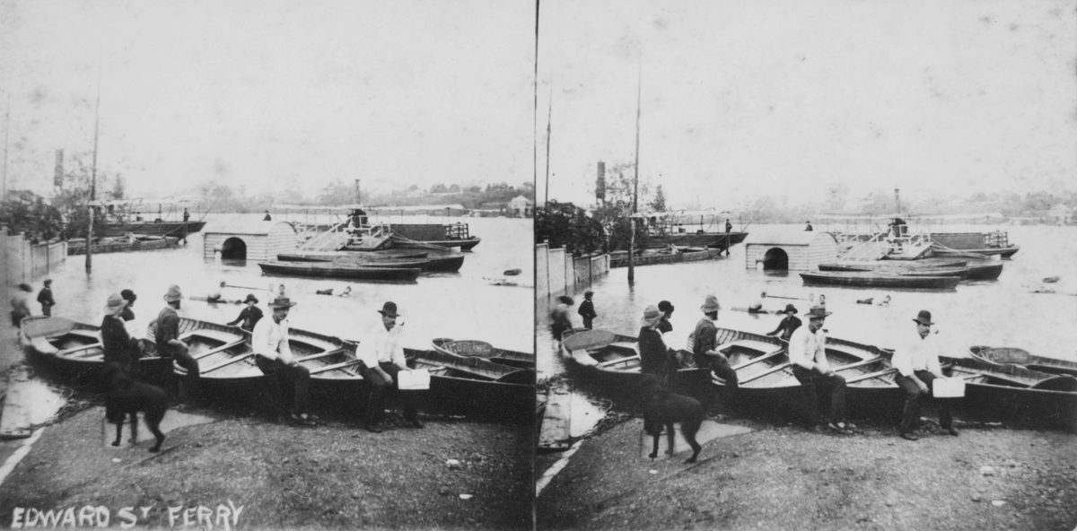 Passengers waiting for the Edward Street ferry, Brisbane, 1890