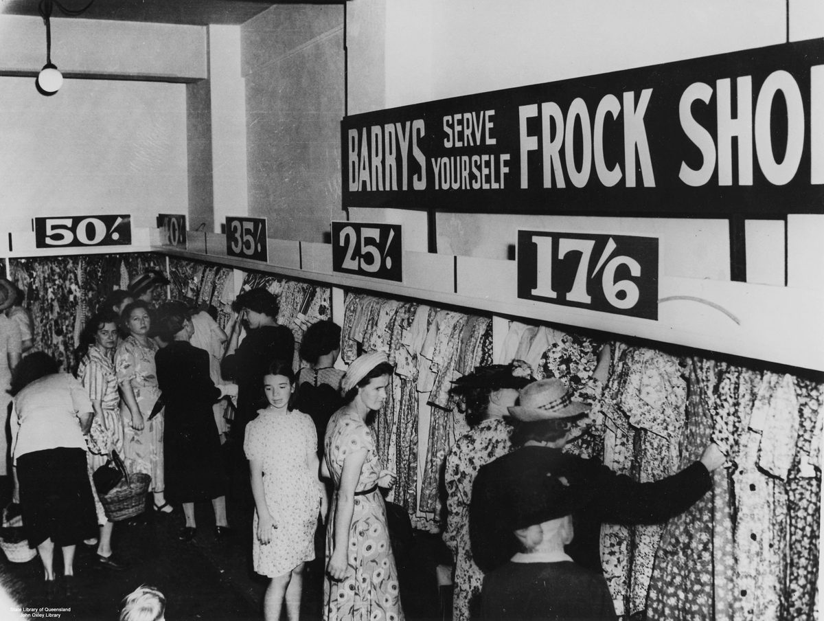 Crowd at the opening of Barry and Roberts' 'Serve Yourself Frock Shop' at their Brisbane store in November, 1949