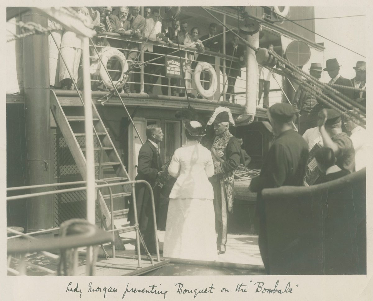 Lady Morgan, accompanied by Governor Sir Hamilton John Goold-Adams, presenting a bouquet on the Bombala, Brisbane, 1915
