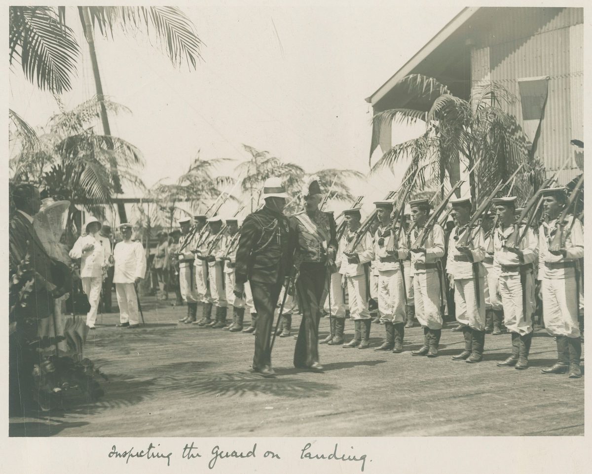 Governor Sir Hamilton John Goold-Adams inspecting the guard at the wharf upon landing in Brisbane, 1915