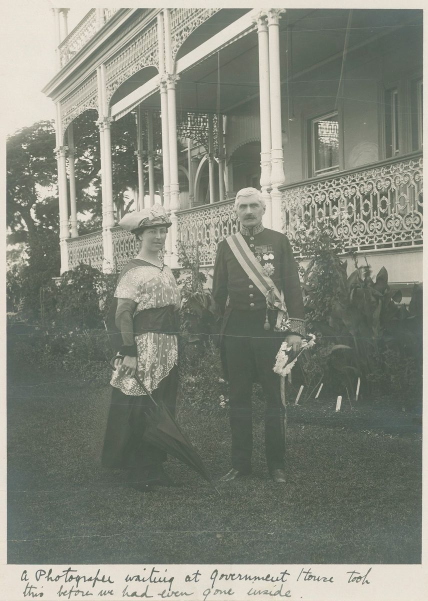Sir Hamilton and Lady Elsie Goold-Adams outside Government House in Brisbane, 1915