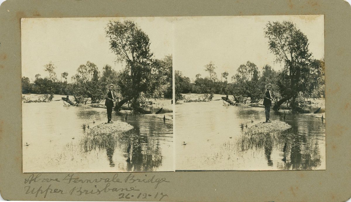 Unidentified man on a small island in the Upper Brisbane River, 1912