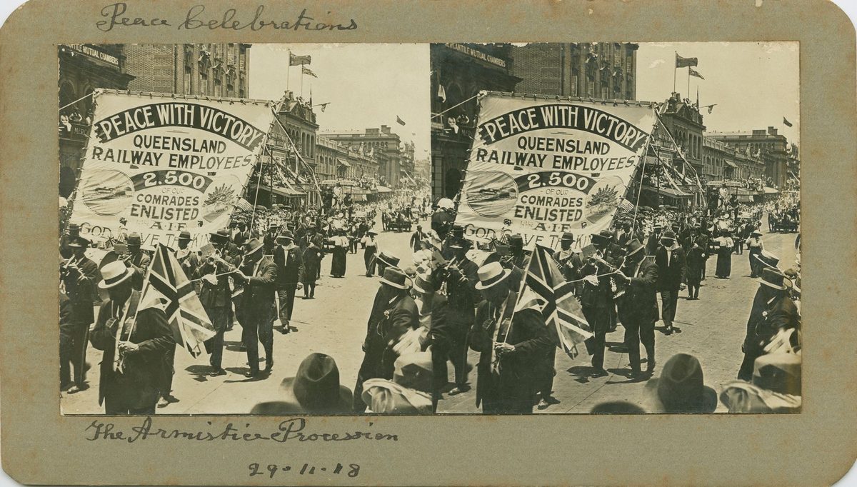 Large banner being carried during the Armistice Procession, Brisbane, 1918