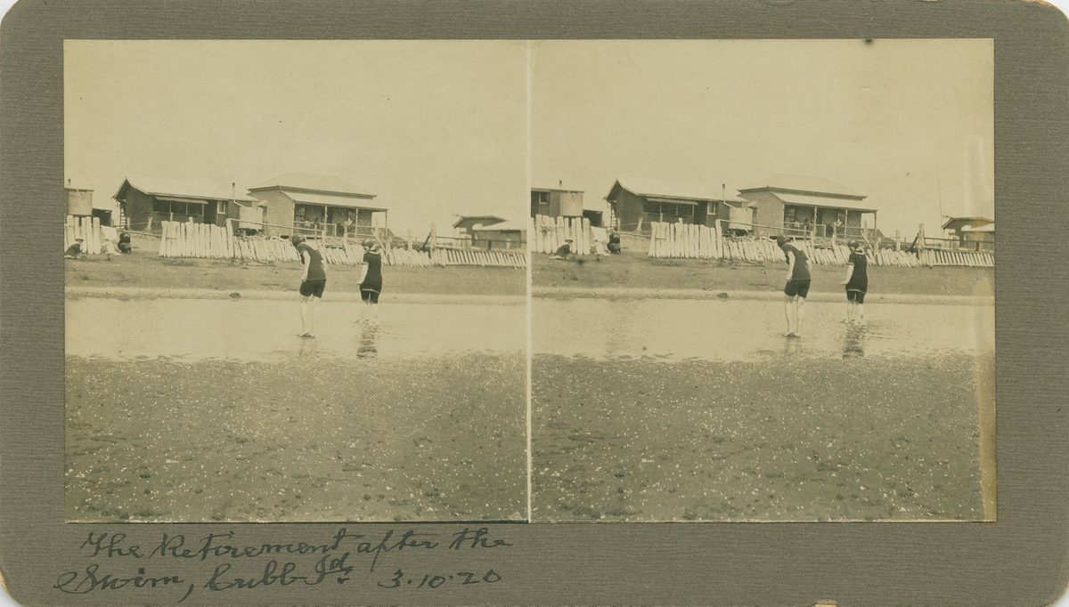 Swimmers leaving the water at Cribb Island, Brisbane, 1920