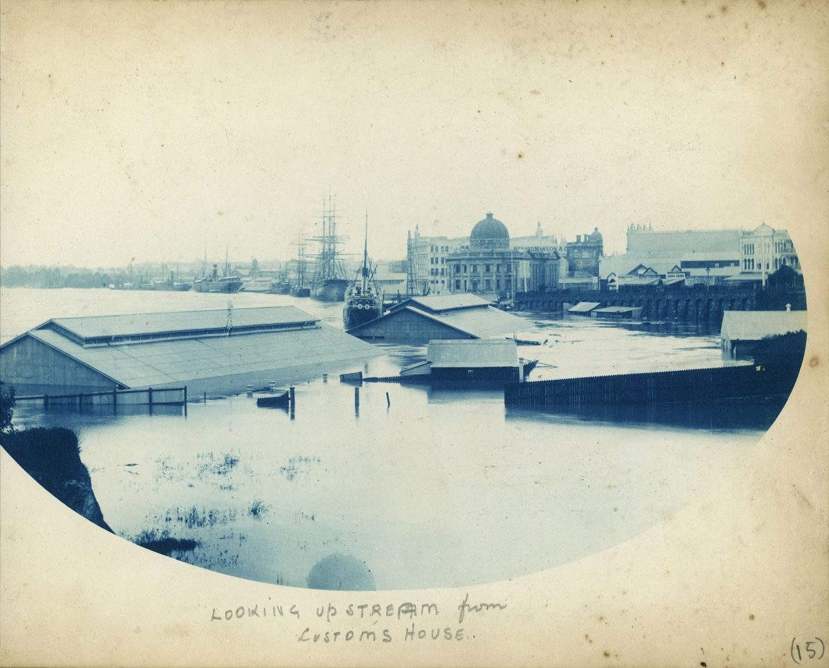 Looking upstream from the Customs House, showing the flooded Brisbane River, Brisbane, 1893