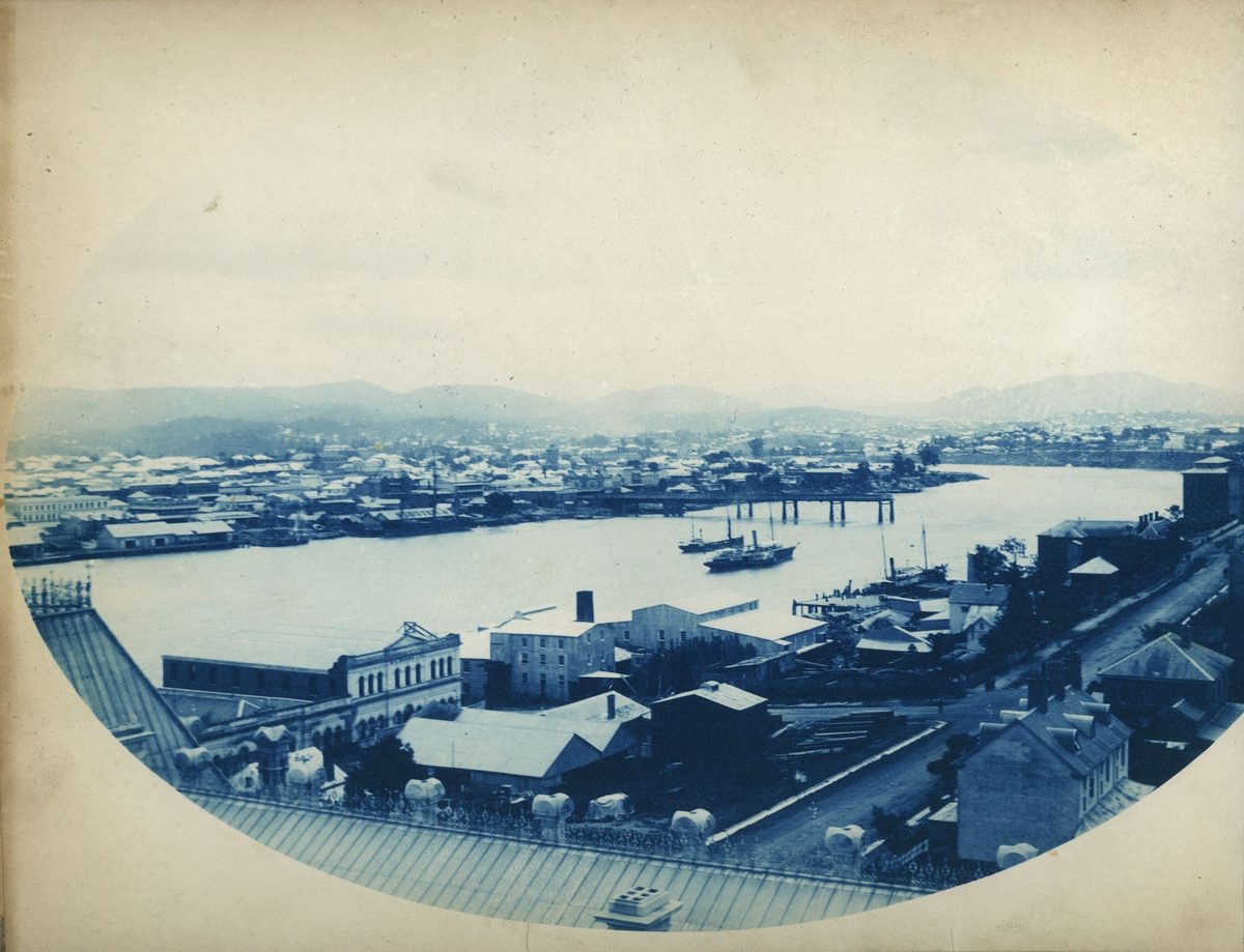 Looking down the river towards what is left of the Victoria Bridge after the flood, Brisbane, 1893