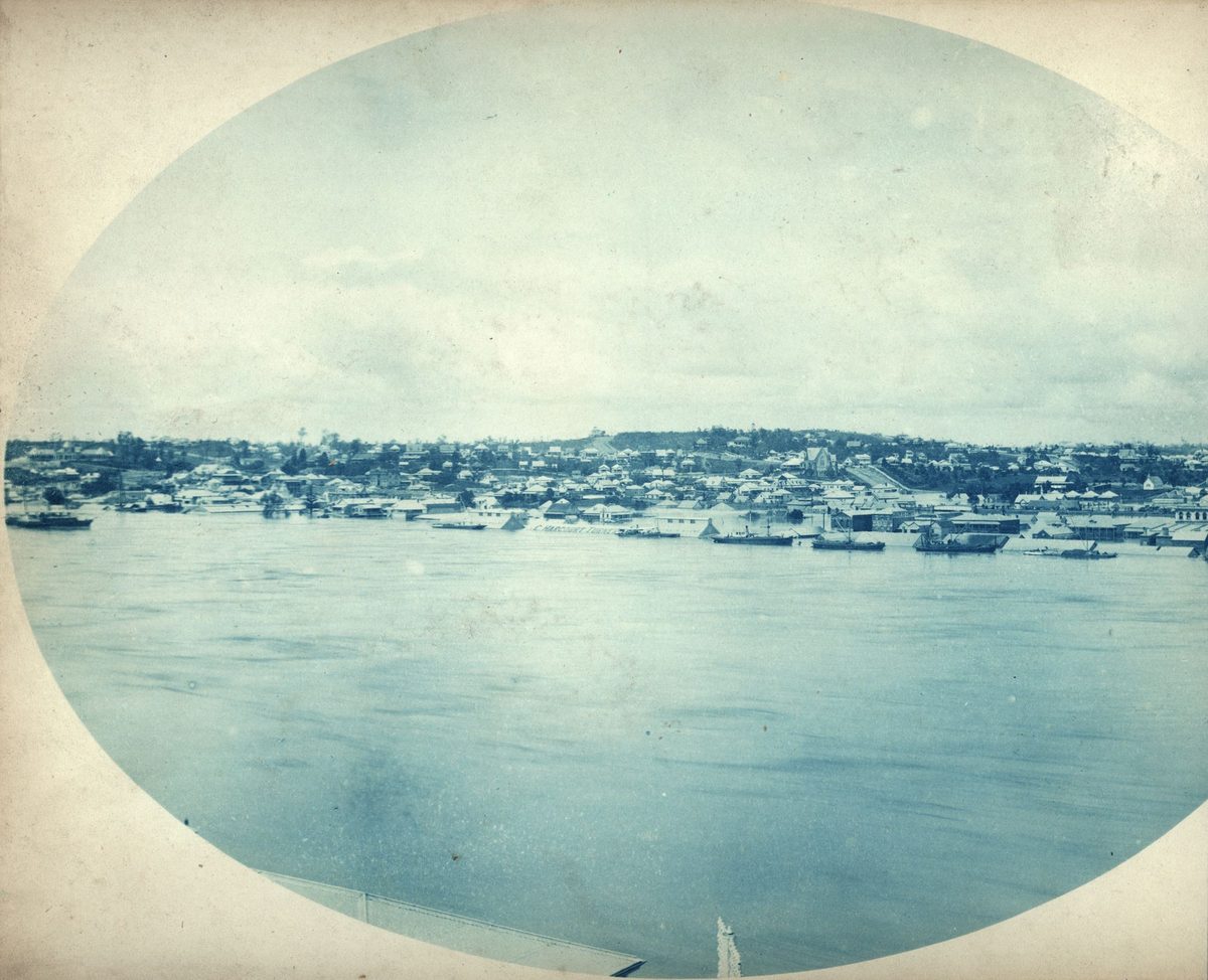 Looking across a flooded Brisbane River towards Highgate Hill and South Brisbane, 1893