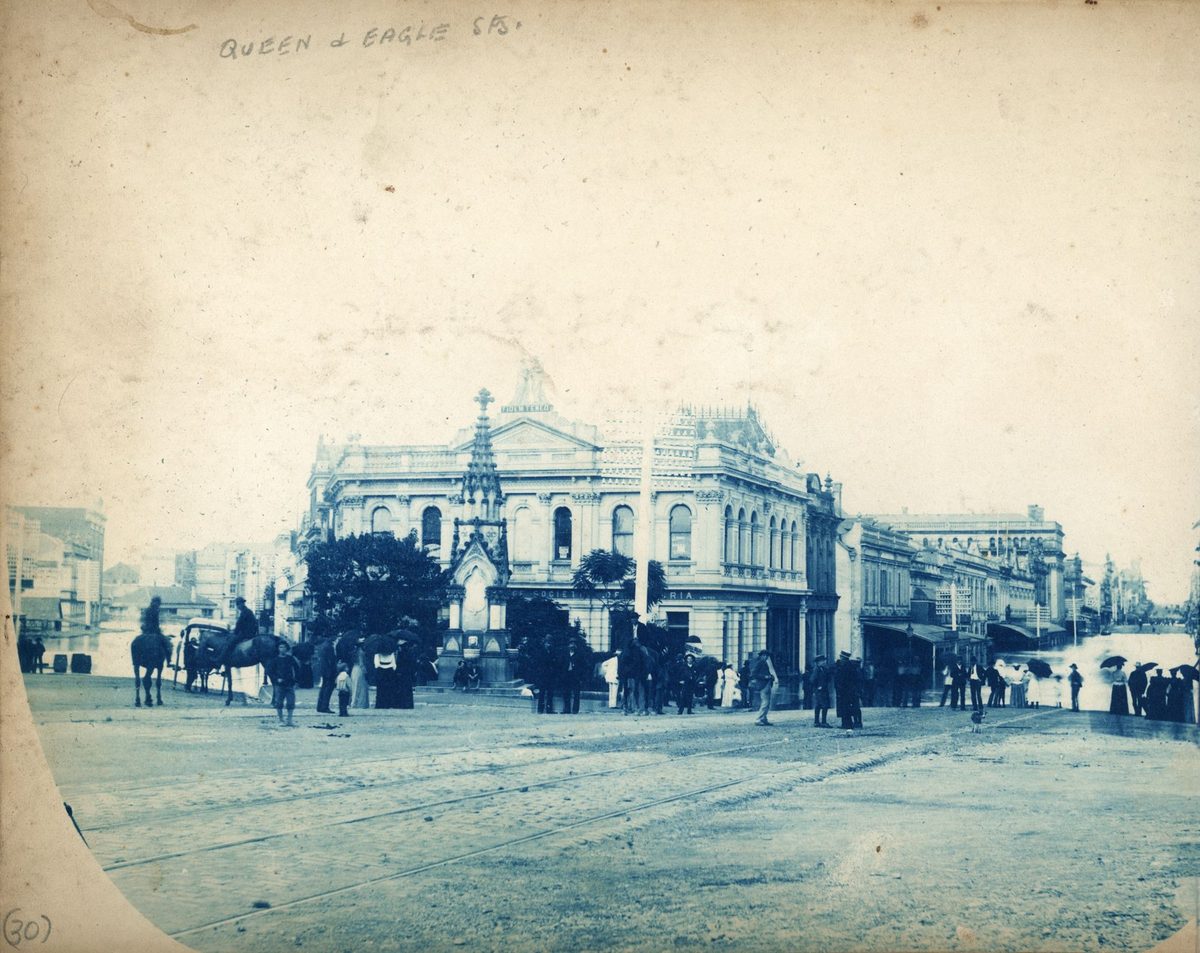 Floodwaters rise on both Queen and Eagle Streets, as seen from the junction, Brisbane, 1893
