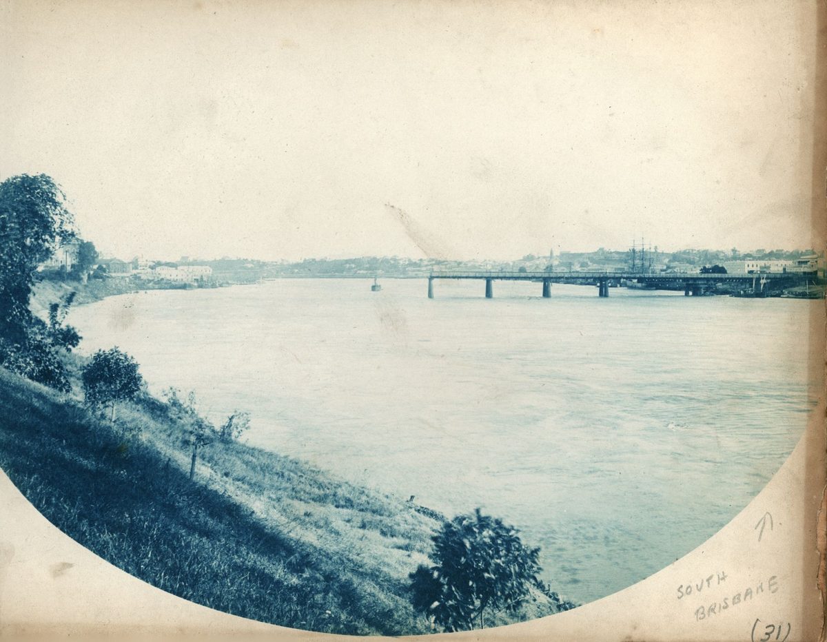 All that remains of the Victoria Bridge after floodwaters washed away the city end, Brisbane, 1893