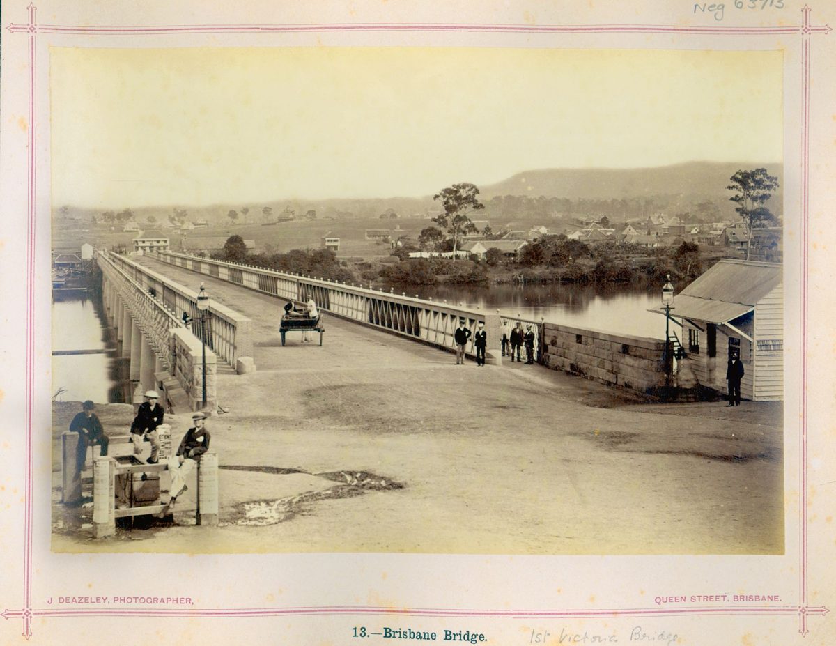 First permanent Victoria Bridge over the Brisbane River, looking towards South Brisbane, 1874
