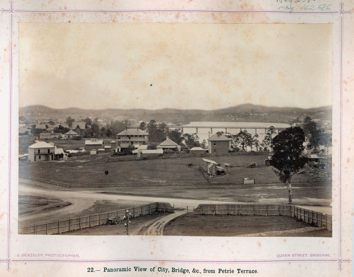 Panoramic view of Victoria Bridge and surrounds, taken from Petrie Terrace, 1874