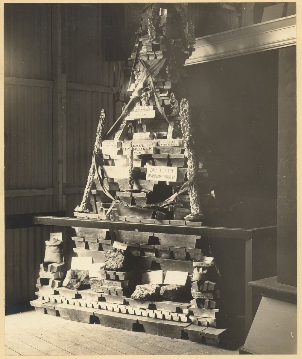 Tower of tin ingots exhibited by Irvinebank Mining Company
