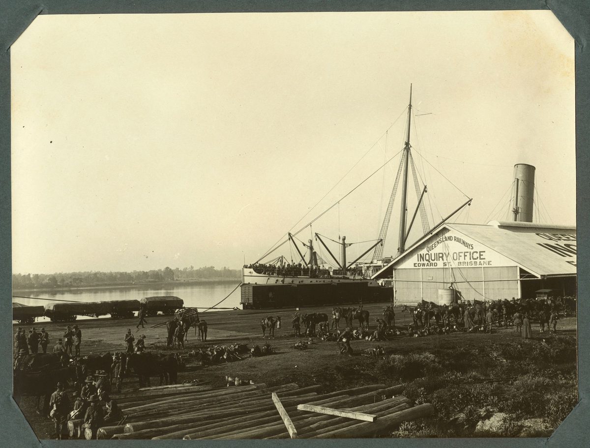 Horses and soldiers on the docks ready for departure at Brisbane, 1914