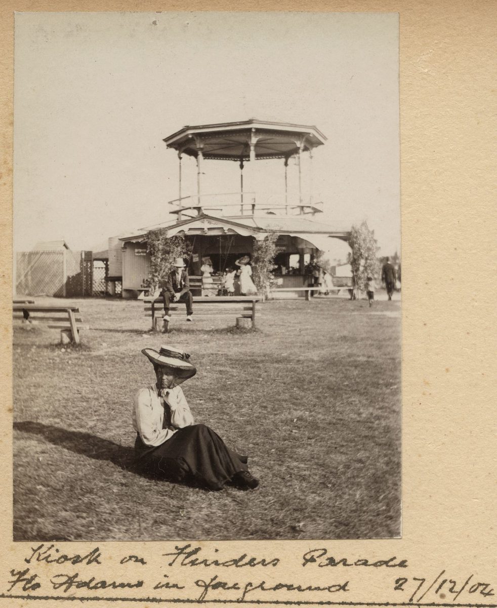 Flo Adams pictured in front of the kiosk on Flinders Parade, Sandgate, 1904