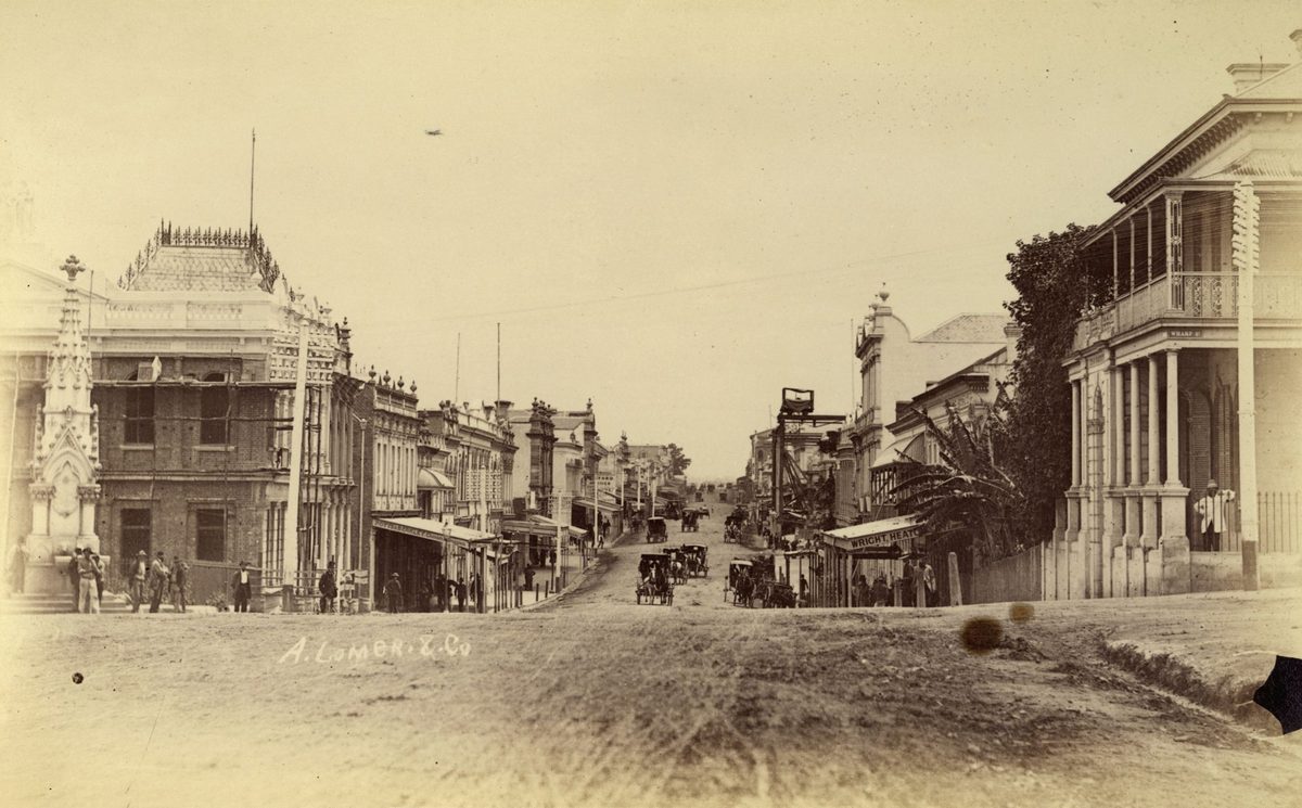 Looking down Queen Street towards Victoria Bridge, Brisbane, 1884