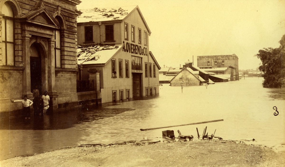 Children wading in the floodwaters down Alice Street, Brisbane