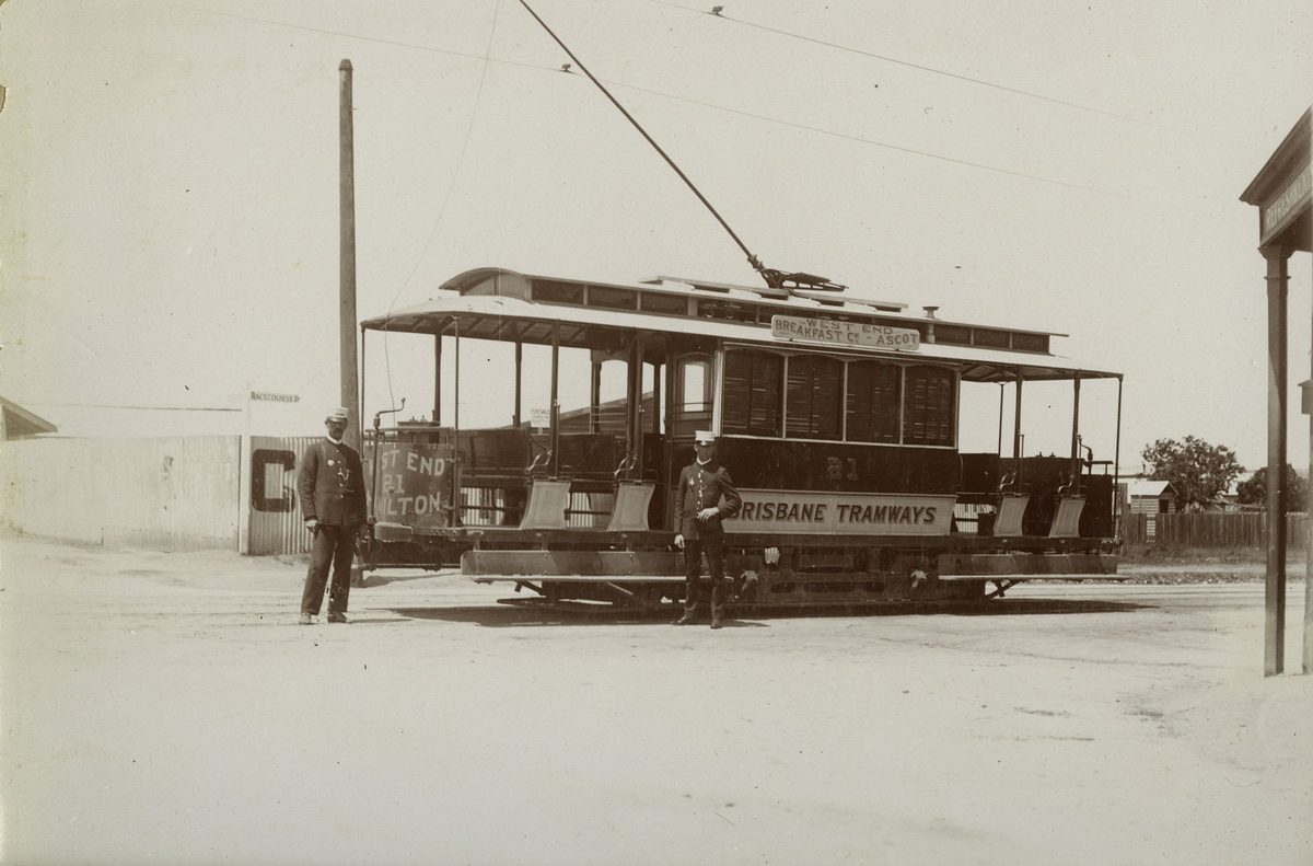 Brisbane tram and conductors at the Ascot terminus, Brisbane, 1908
