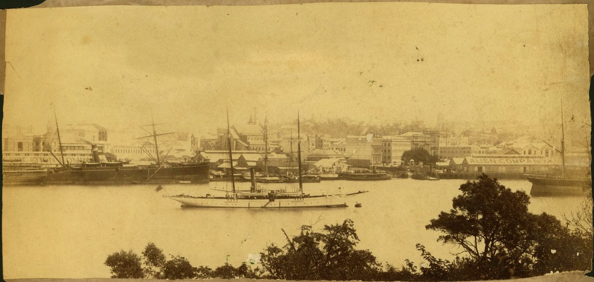 Ships lay at anchor in the flooded Brisbane River, Brisbane, 1893